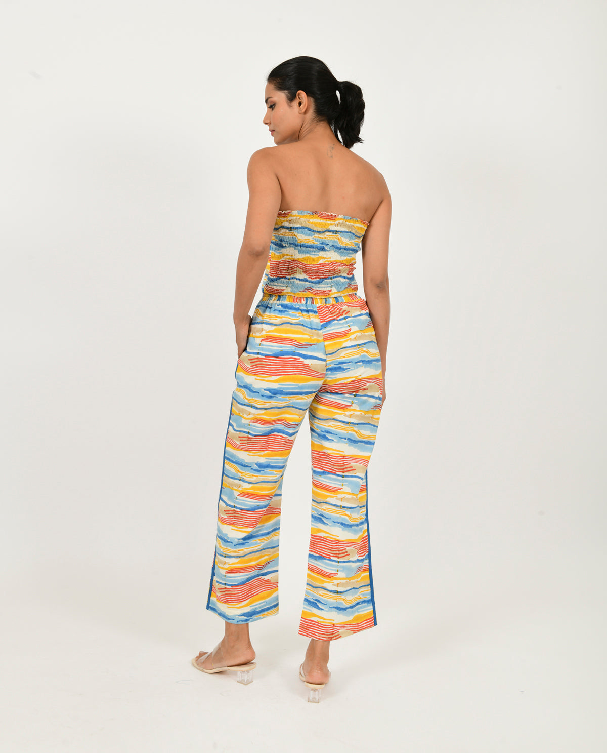 Multicolor Block Printed Tube Top/Pant Co-ord Set by Rias Jaipur with 100% Organic Cotton, Block Prints, Casual Wear, Co-ord Sets, Multicolor, Natural, Scribble Prints, Slim Fit, Vacation Co-ords, Womenswear, Yaadein, Yaadein by Rias Jaipur at Kamakhyaa for sustainable fashion