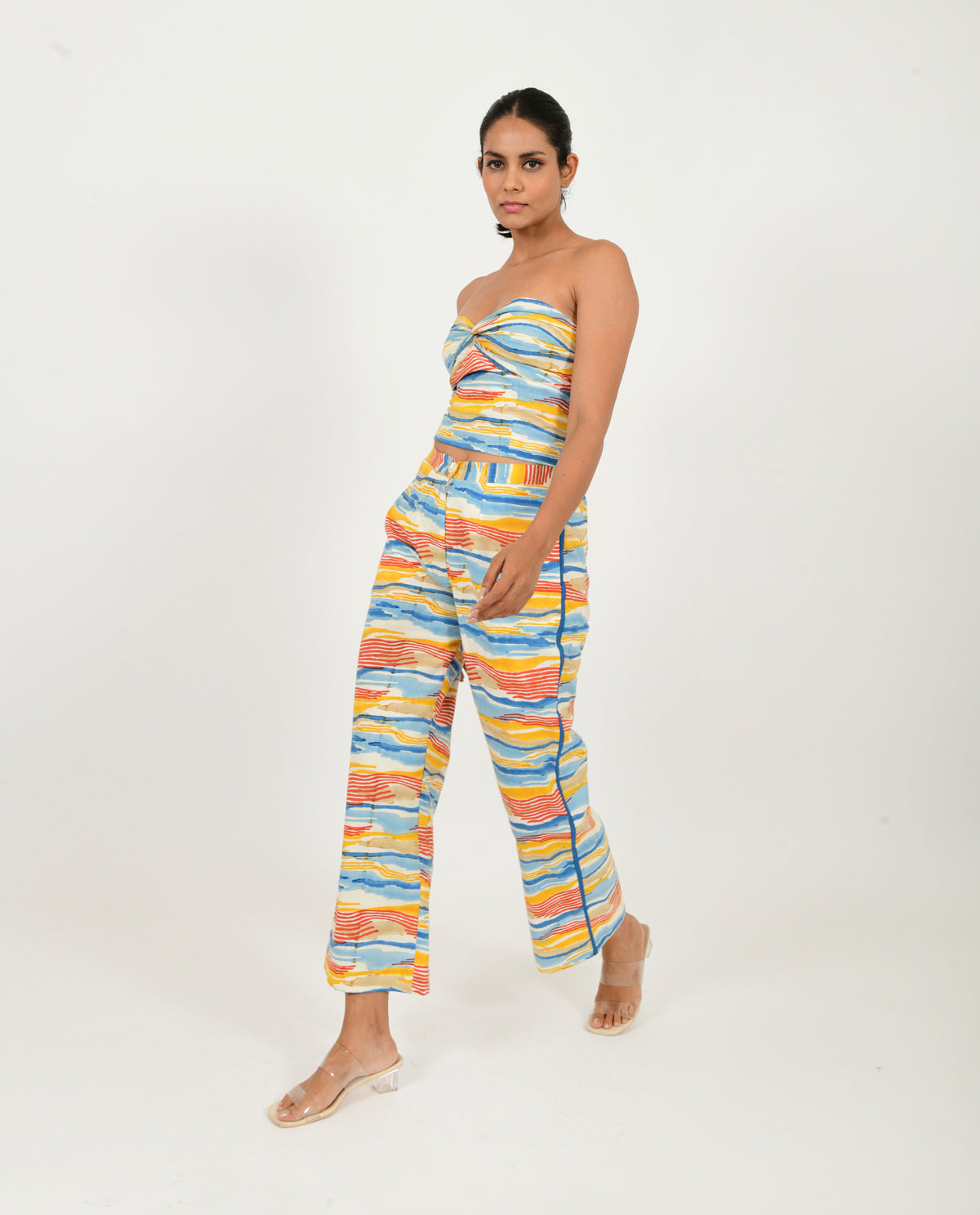 Multicolor Block Printed Tube Top/Pant Co-ord Set by Rias Jaipur with 100% Organic Cotton, Block Prints, Casual Wear, Co-ord Sets, Multicolor, Natural, Scribble Prints, Slim Fit, Vacation Co-ords, Womenswear, Yaadein, Yaadein by Rias Jaipur at Kamakhyaa for sustainable fashion