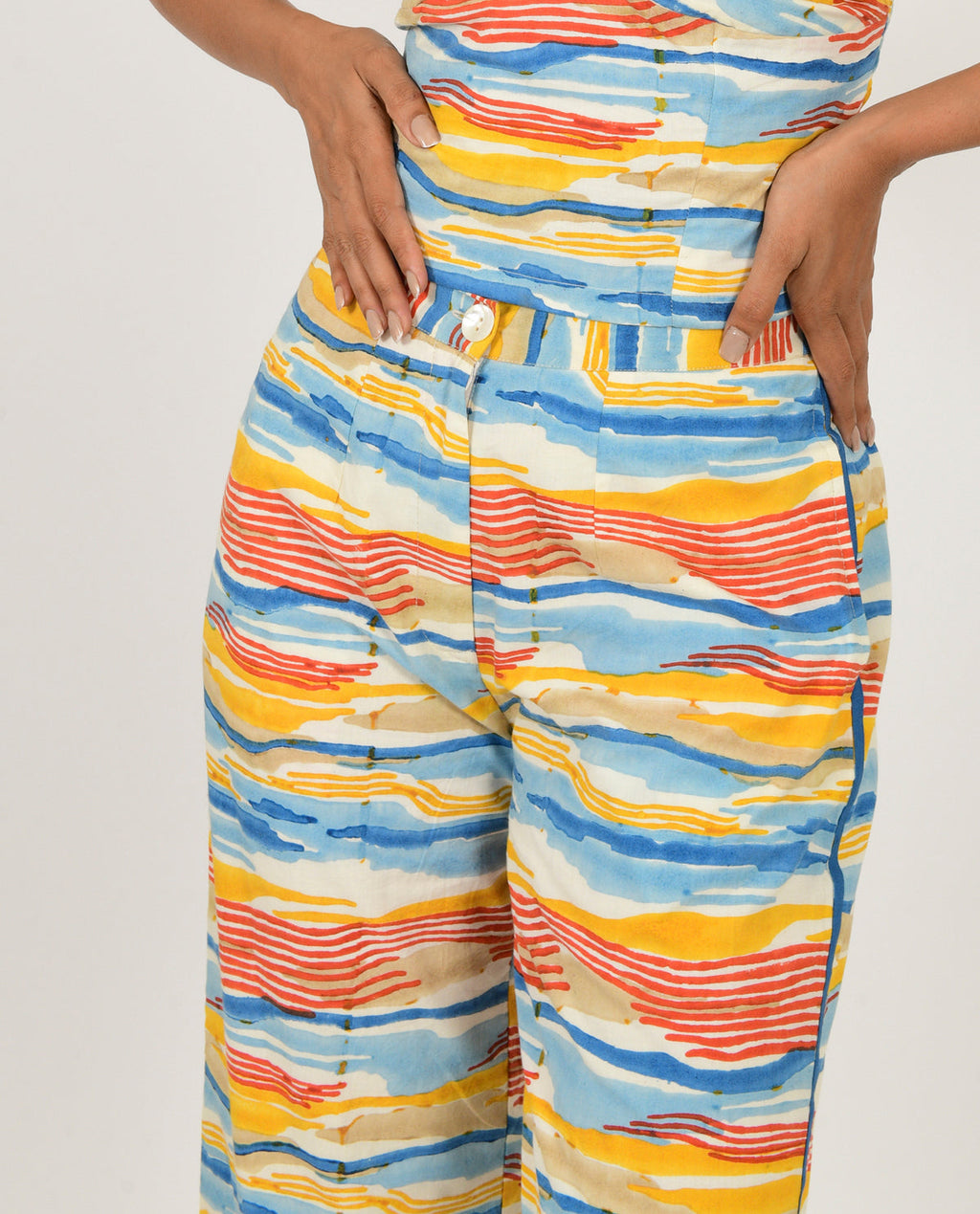 Multicolor Block Print Pants by Rias Jaipur with 100% Organic Cotton, Block Prints, Casual Wear, Multicolor, Natural, Pants, Regular Fit, Scribble Prints, Womenswear, Yaadein, Yaadein by Rias Jaipur at Kamakhyaa for sustainable fashion