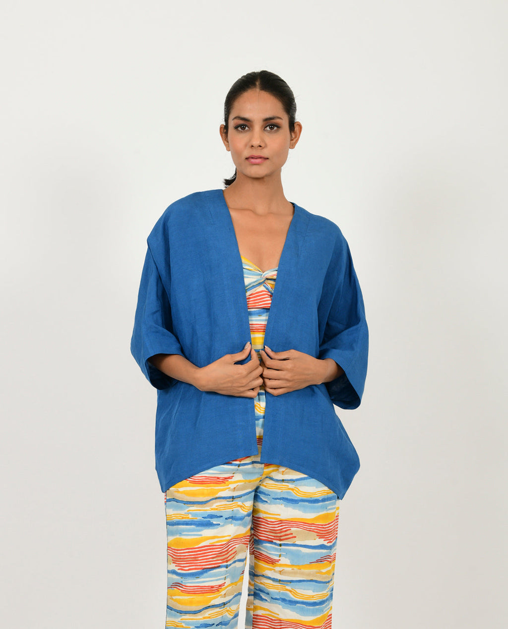 Blue Linen Overlay by Rias Jaipur with Blue, Casual Wear, Linen Blend, Natural, Relaxed Fit, Shrugs, Solids, Womenswear, Yaadein, Yaadein by Rias Jaipur at Kamakhyaa for sustainable fashion