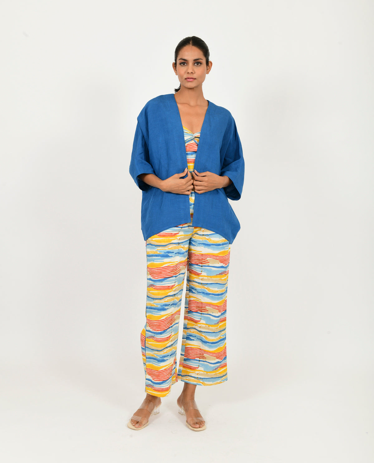 Multicolor Block Printed Co-ord Set with Blue Shirt by Rias Jaipur with 100% Organic Cotton, Block Prints, Casual Wear, Co-ord Sets, Multicolor, Natural, Relaxed Fit, Scribble Prints, Travel Co-ords, Womenswear, Yaadein, Yaadein by Rias Jaipur at Kamakhyaa for sustainable fashion