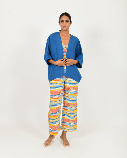 Multicolor Block Printed Co-ord Set with Blue Shirt by Rias Jaipur with 100% Organic Cotton, Block Prints, Casual Wear, Co-ord Sets, Multicolor, Natural, Relaxed Fit, Scribble Prints, Travel Co-ords, Womenswear, Yaadein, Yaadein by Rias Jaipur at Kamakhyaa for sustainable fashion