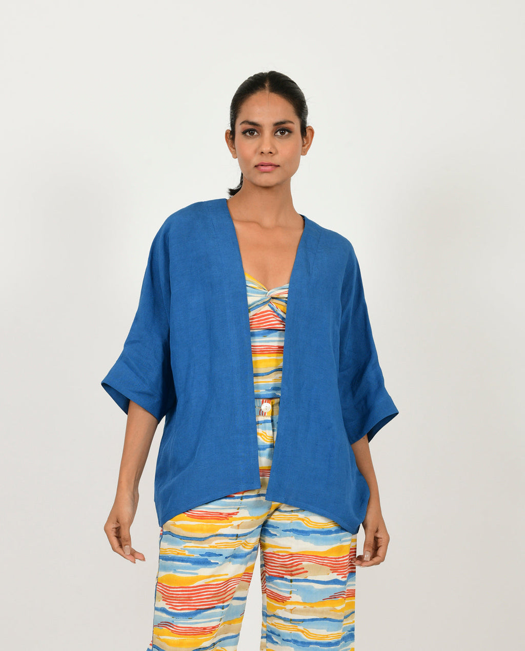 Blue Linen Overlay by Rias Jaipur with Blue, Casual Wear, Linen Blend, Natural, Relaxed Fit, Shrugs, Solids, Womenswear, Yaadein, Yaadein by Rias Jaipur at Kamakhyaa for sustainable fashion