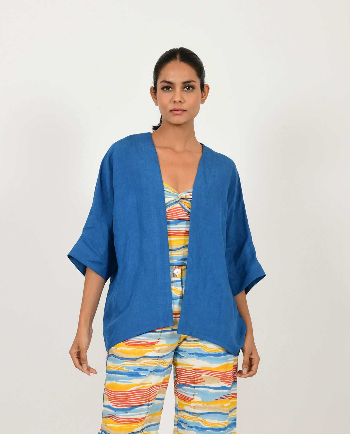Blue Linen Overlay by Rias Jaipur with Blue, Casual Wear, Linen Blend, Natural, Relaxed Fit, Shrugs, Solids, Womenswear, Yaadein, Yaadein by Rias Jaipur at Kamakhyaa for sustainable fashion