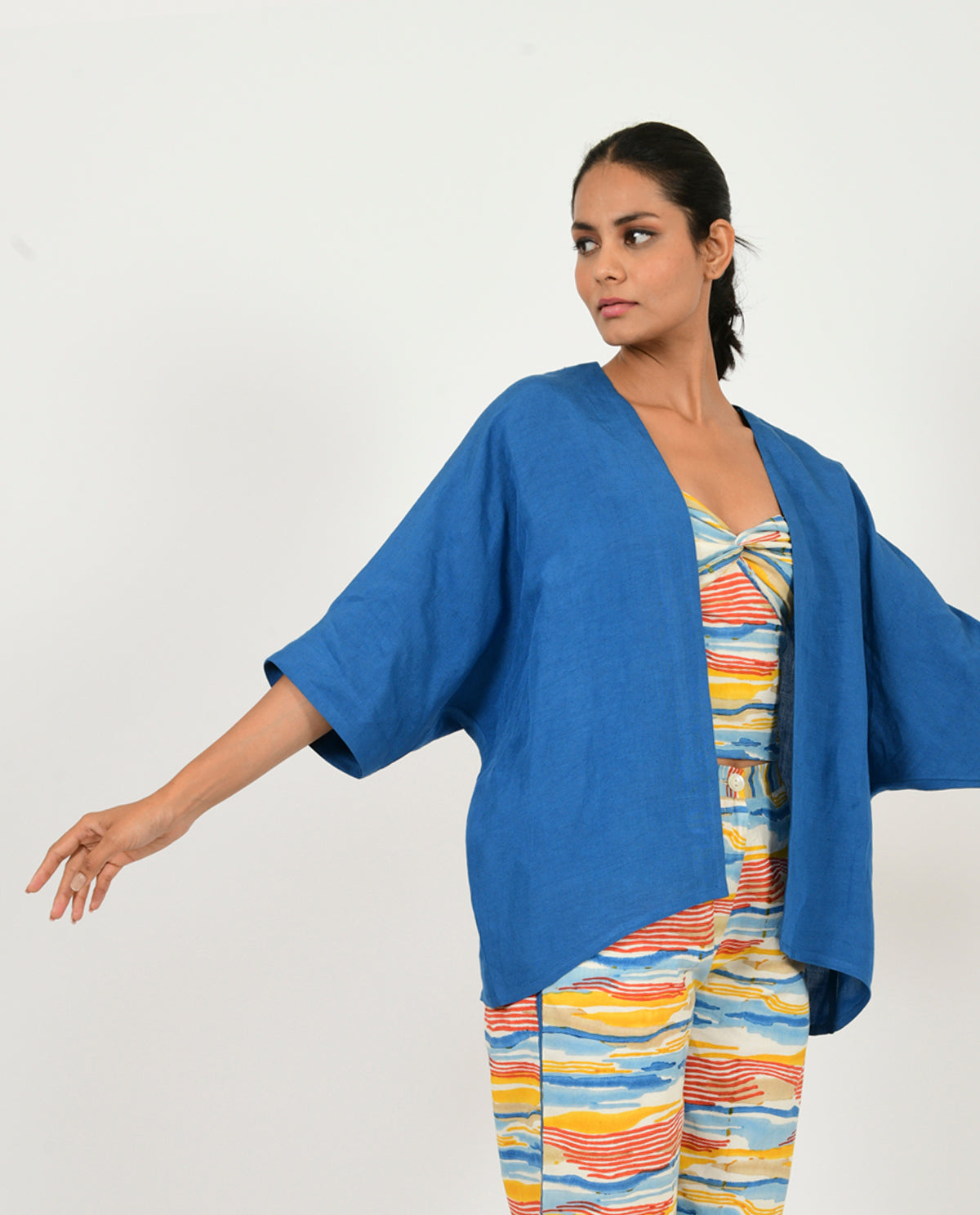 Blue Linen Overlay by Rias Jaipur with Blue, Casual Wear, Linen Blend, Natural, Relaxed Fit, Shrugs, Solids, Womenswear, Yaadein, Yaadein by Rias Jaipur at Kamakhyaa for sustainable fashion