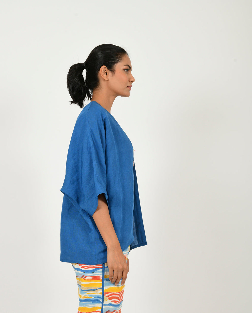 Blue Linen Overlay by Rias Jaipur with Blue, Casual Wear, Linen Blend, Natural, Relaxed Fit, Shrugs, Solids, Womenswear, Yaadein, Yaadein by Rias Jaipur at Kamakhyaa for sustainable fashion