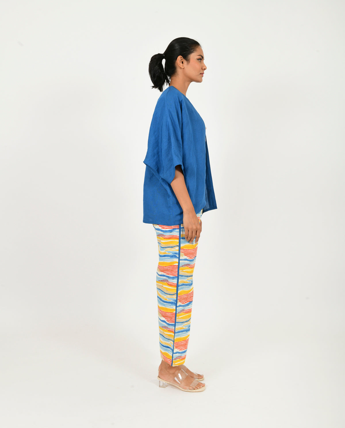 Multicolor Block Printed Co-ord Set with Blue Shirt by Rias Jaipur with 100% Organic Cotton, Block Prints, Casual Wear, Co-ord Sets, Multicolor, Natural, Relaxed Fit, Scribble Prints, Travel Co-ords, Womenswear, Yaadein, Yaadein by Rias Jaipur at Kamakhyaa for sustainable fashion