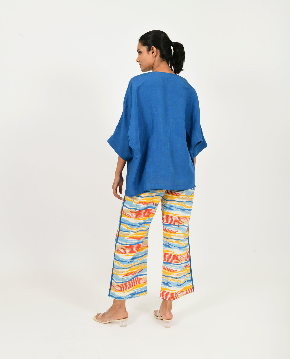 Multicolor Block Printed Co-ord Set with Blue Shirt by Rias Jaipur with 100% Organic Cotton, Block Prints, Casual Wear, Co-ord Sets, Multicolor, Natural, Relaxed Fit, Scribble Prints, Travel Co-ords, Womenswear, Yaadein, Yaadein by Rias Jaipur at Kamakhyaa for sustainable fashion