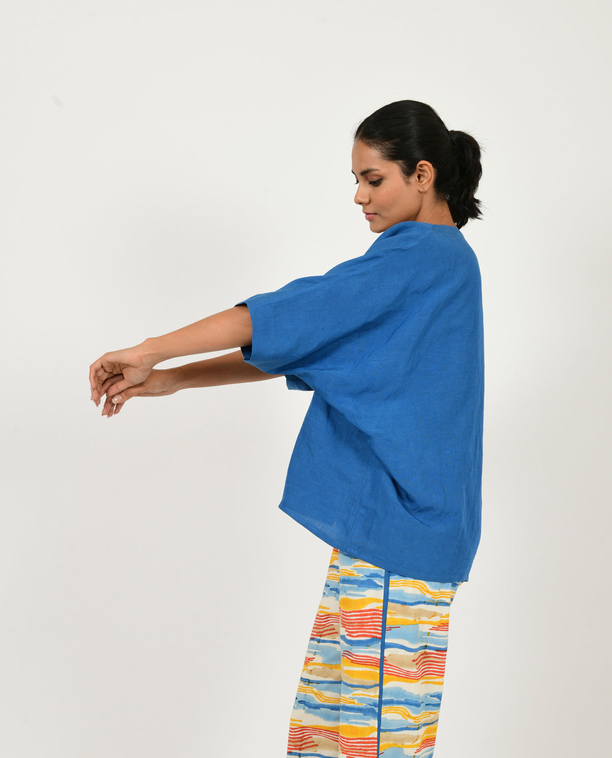 Blue Linen Overlay by Rias Jaipur with Blue, Casual Wear, Linen Blend, Natural, Relaxed Fit, Shrugs, Solids, Womenswear, Yaadein, Yaadein by Rias Jaipur at Kamakhyaa for sustainable fashion
