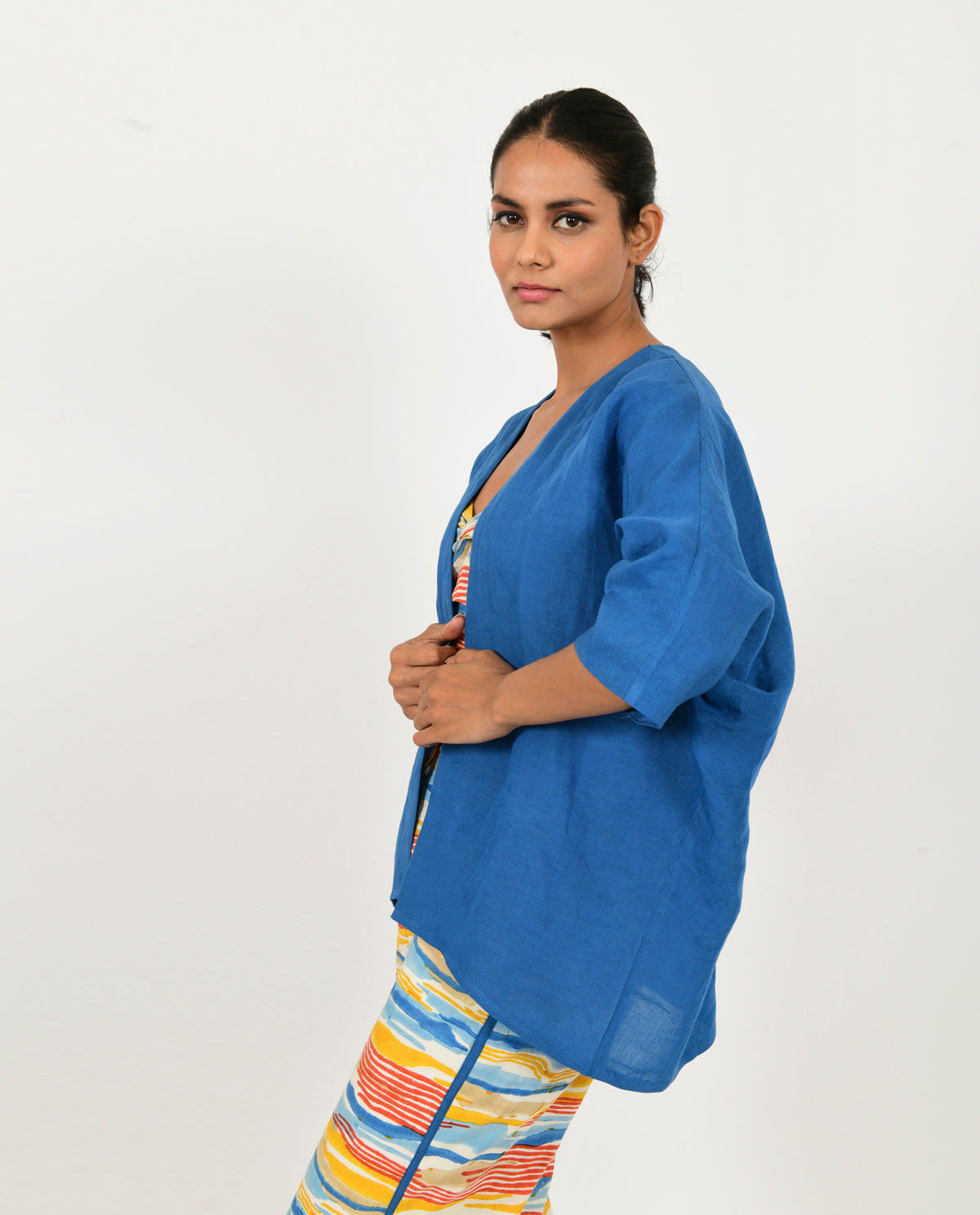 Multicolor Block Printed Co-ord Set with Blue Shirt by Rias Jaipur with 100% Organic Cotton, Block Prints, Casual Wear, Co-ord Sets, Multicolor, Natural, Relaxed Fit, Scribble Prints, Travel Co-ords, Womenswear, Yaadein, Yaadein by Rias Jaipur at Kamakhyaa for sustainable fashion