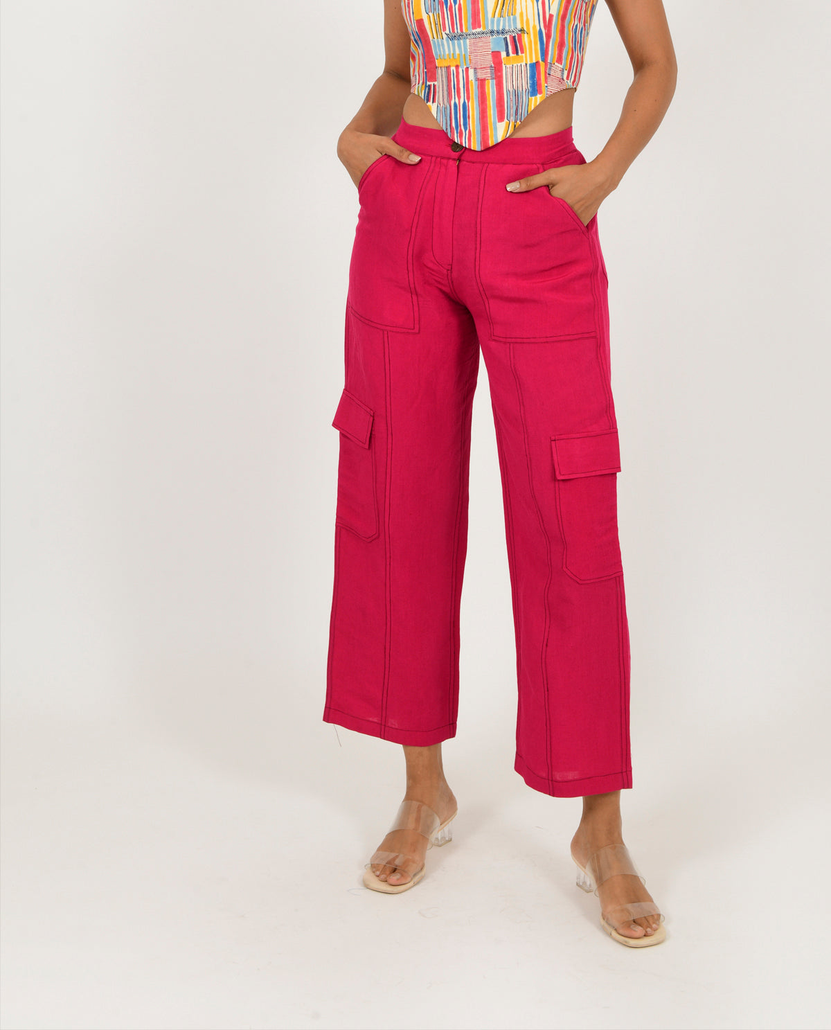 Pink Linen Cargo Pants by Rias Jaipur with Casual Wear, Linen Blend, Natural, Pants, Pink, Relaxed Fit, Solids, Womenswear, Yaadein, Yaadein by Rias Jaipur at Kamakhyaa for sustainable fashion