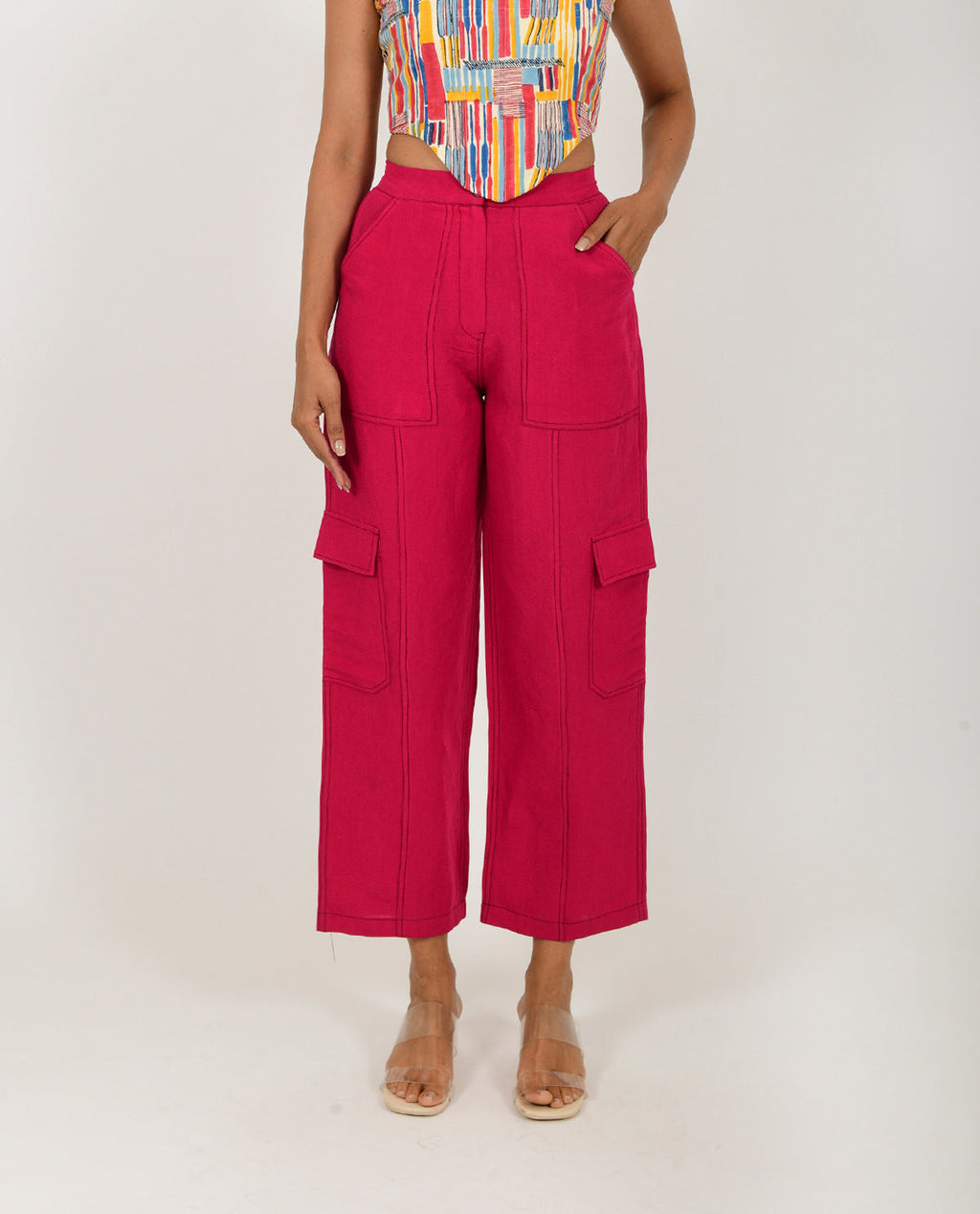 Pink Linen Cargo Pants by Rias Jaipur with Casual Wear, Linen Blend, Natural, Pants, Pink, Relaxed Fit, Solids, Womenswear, Yaadein, Yaadein by Rias Jaipur at Kamakhyaa for sustainable fashion
