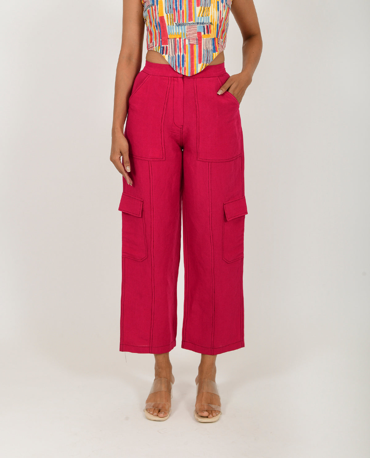 Pink Linen Cargo Pants by Rias Jaipur with Casual Wear, Linen Blend, Natural, Pants, Pink, Relaxed Fit, Solids, Womenswear, Yaadein, Yaadein by Rias Jaipur at Kamakhyaa for sustainable fashion