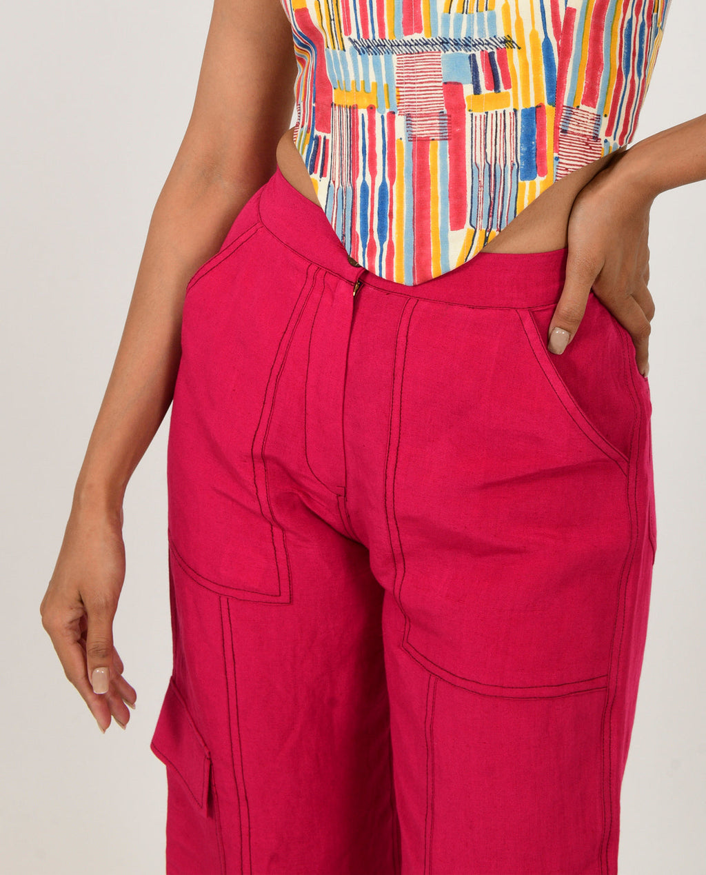 Pink Linen Cargo Pants by Rias Jaipur with Casual Wear, Linen Blend, Natural, Pants, Pink, Relaxed Fit, Solids, Womenswear, Yaadein, Yaadein by Rias Jaipur at Kamakhyaa for sustainable fashion