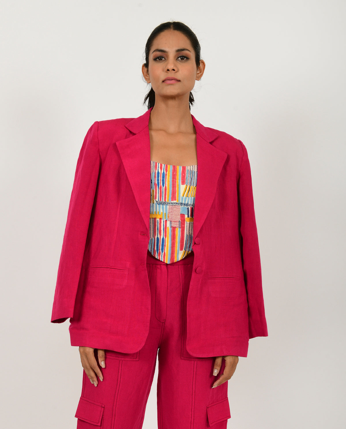 Pink Linen Cargo Jacket by Rias Jaipur with Blazers, Casual Wear, Linen Blend, Natural, Organic Cotton, Pink, Regular Fit, Solids, Womenswear, Yaadein, Yaadein by Rias Jaipur at Kamakhyaa for sustainable fashion