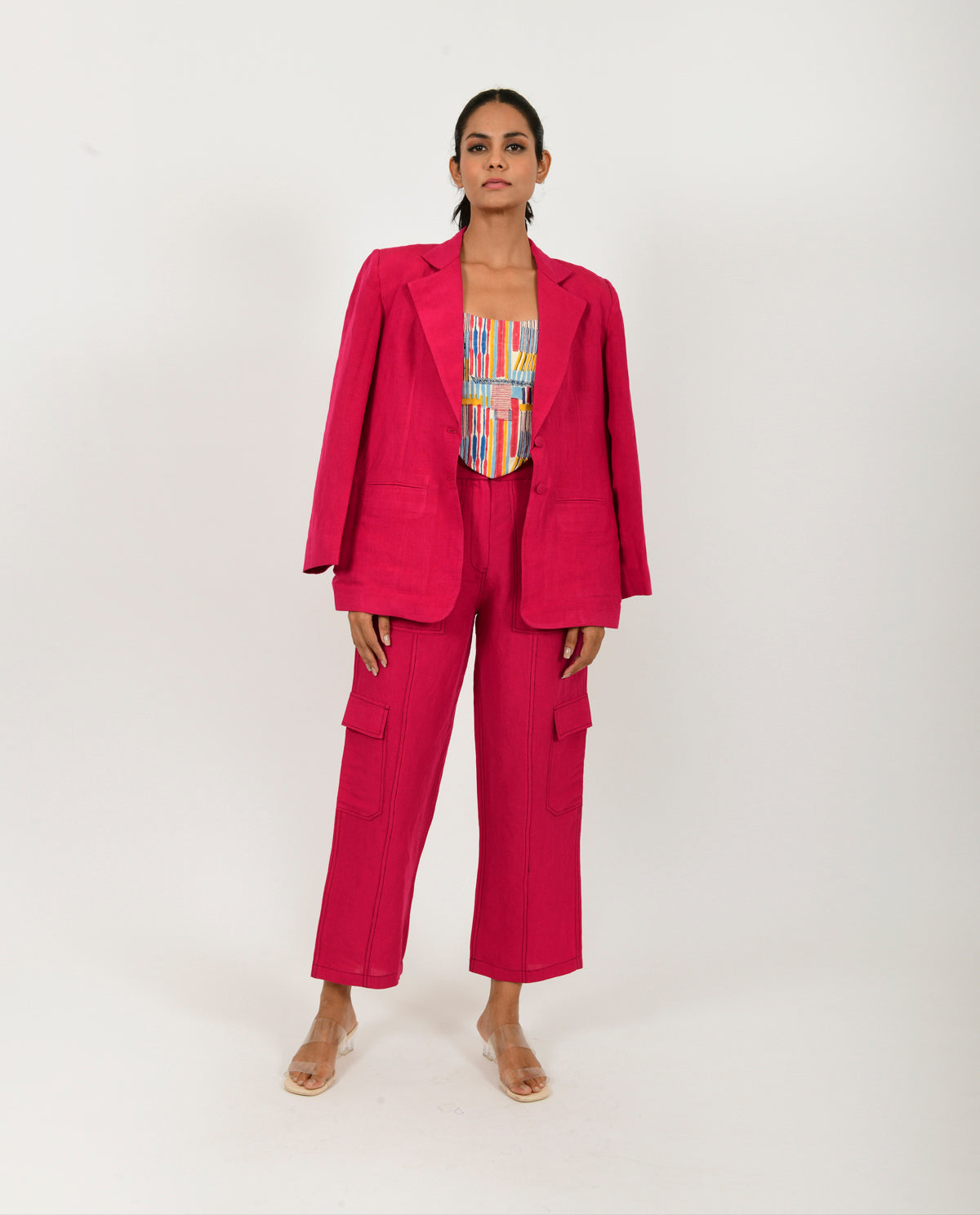 Pink Linen Tri Set by Rias Jaipur with Co-ord Sets, Linen Blend, Natural, Office Wear, Office Wear Co-ords, Pink, Regular Fit, Solids, Womenswear, Yaadein, Yaadein by Rias Jaipur at Kamakhyaa for sustainable fashion