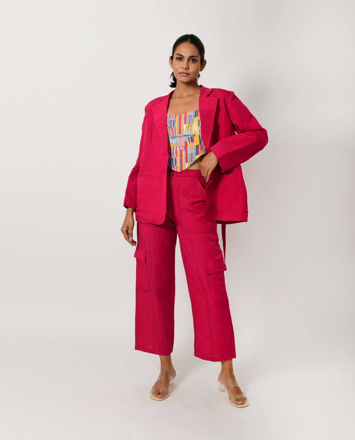 Pink Linen Tri Set by Rias Jaipur with Co-ord Sets, Linen Blend, Natural, Office Wear, Office Wear Co-ords, Pink, Regular Fit, Solids, Womenswear, Yaadein, Yaadein by Rias Jaipur at Kamakhyaa for sustainable fashion