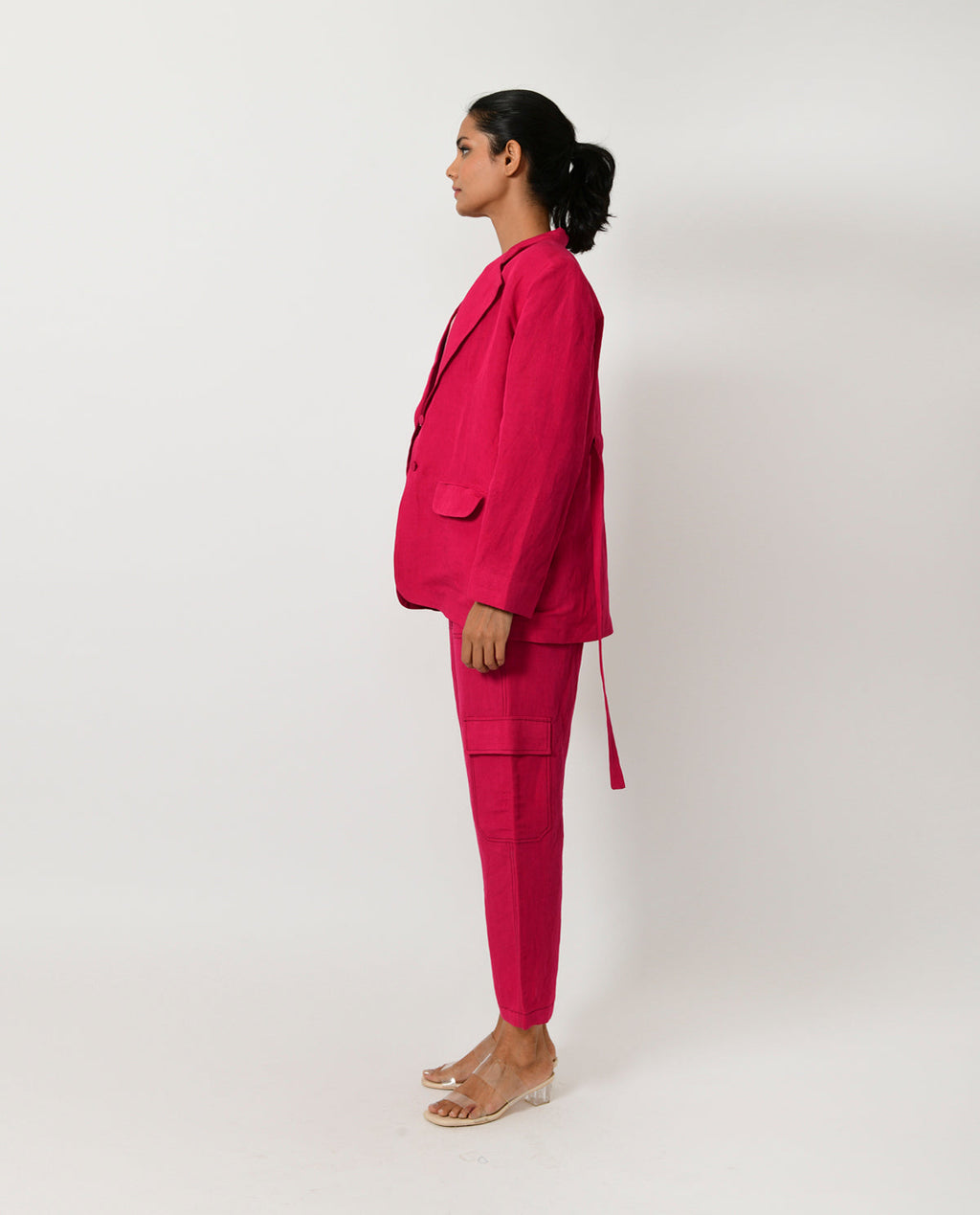Pink Linen Blazer Co-ord by Rias Jaipur with Co-ord Sets, Linen Blend, Natural, Office Wear, Office Wear Co-ords, Pink, Regular Fit, Solids, Womenswear, Yaadein, Yaadein by Rias Jaipur at Kamakhyaa for sustainable fashion