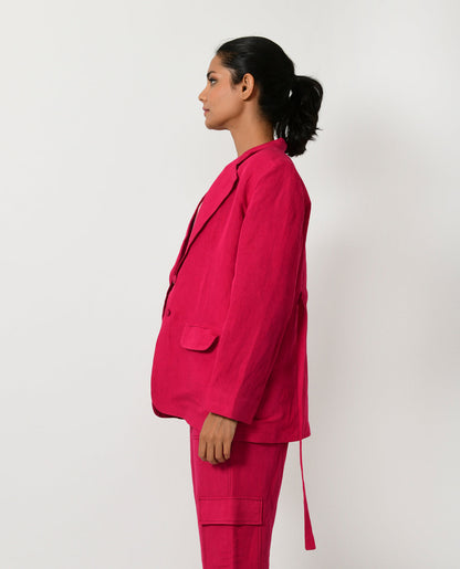 Pink Linen Cargo Jacket by Rias Jaipur with Blazers, Casual Wear, Linen Blend, Natural, Organic Cotton, Pink, Regular Fit, Solids, Womenswear, Yaadein, Yaadein by Rias Jaipur at Kamakhyaa for sustainable fashion