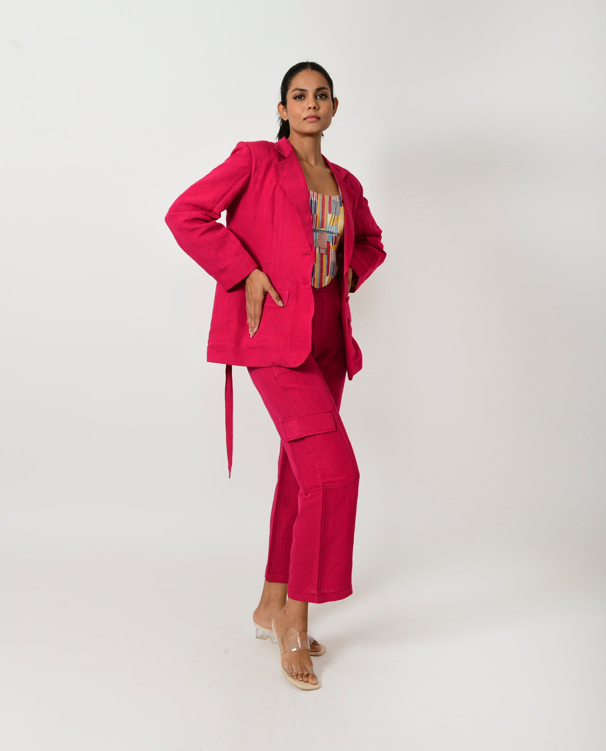 Pink Linen Tri Set by Rias Jaipur with Co-ord Sets, Linen Blend, Natural, Office Wear, Office Wear Co-ords, Pink, Regular Fit, Solids, Womenswear, Yaadein, Yaadein by Rias Jaipur at Kamakhyaa for sustainable fashion