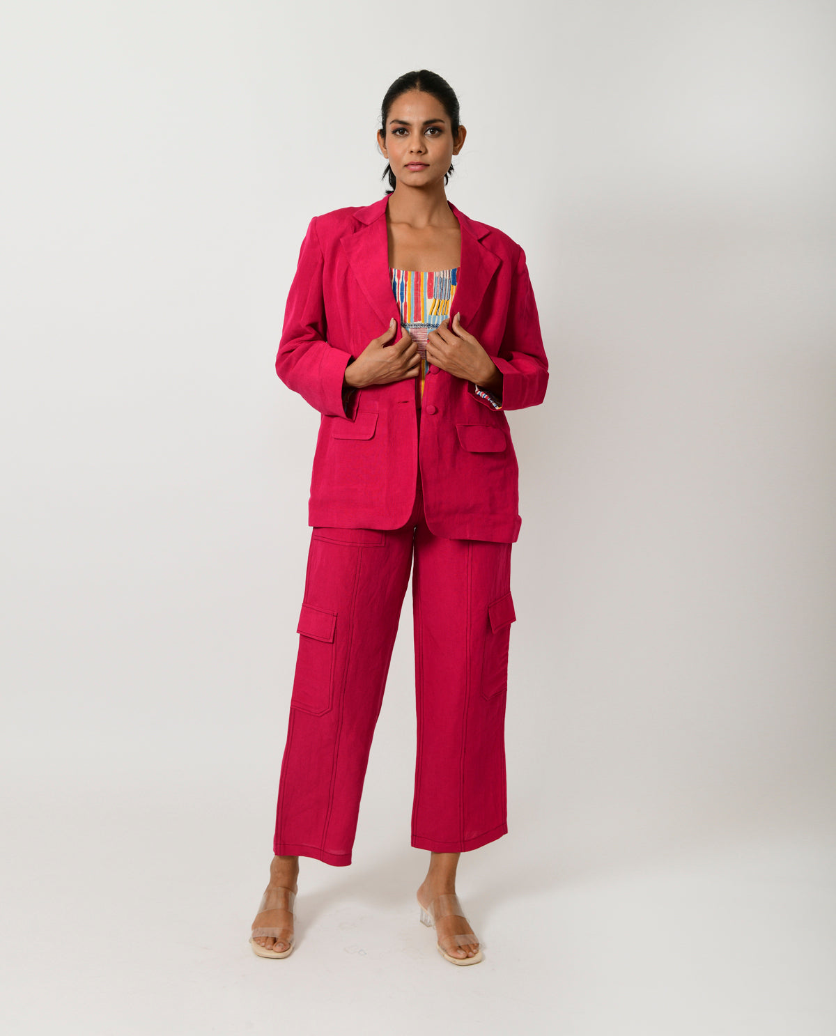 Pink Linen Tri Set by Rias Jaipur with Co-ord Sets, Linen Blend, Natural, Office Wear, Office Wear Co-ords, Pink, Regular Fit, Solids, Womenswear, Yaadein, Yaadein by Rias Jaipur at Kamakhyaa for sustainable fashion