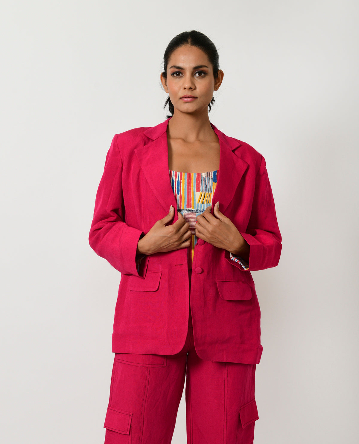 Pink Linen Cargo Jacket at Kamakhyaa by Rias Jaipur. This item is Blazers, Casual Wear, Linen Blend, Natural, Organic Cotton, Pink, Regular Fit, Solids, Womenswear, Yaadein
