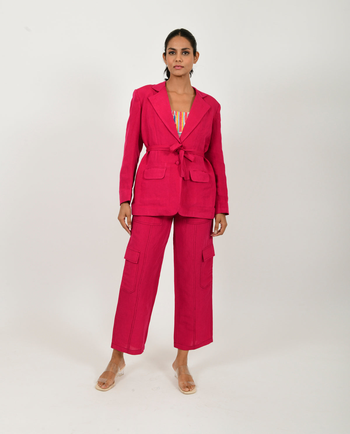 Pink Linen Tri Set by Rias Jaipur with Co-ord Sets, Linen Blend, Natural, Office Wear, Office Wear Co-ords, Pink, Regular Fit, Solids, Womenswear, Yaadein, Yaadein by Rias Jaipur at Kamakhyaa for sustainable fashion