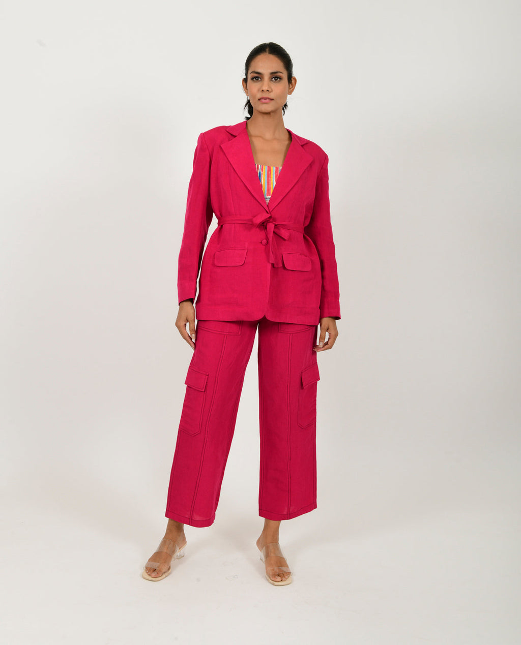 Pink Linen Blazer Co-ord by Rias Jaipur with Co-ord Sets, Linen Blend, Natural, Office Wear, Office Wear Co-ords, Pink, Regular Fit, Solids, Womenswear, Yaadein, Yaadein by Rias Jaipur at Kamakhyaa for sustainable fashion