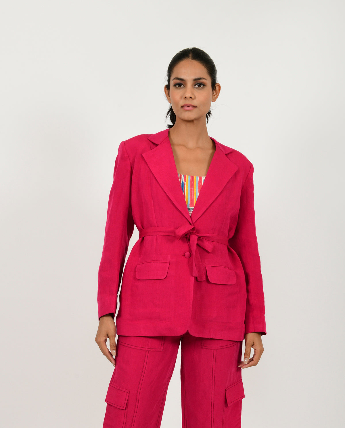 Pink Linen Cargo Jacket by Rias Jaipur with Blazers, Casual Wear, Linen Blend, Natural, Organic Cotton, Pink, Regular Fit, Solids, Womenswear, Yaadein, Yaadein by Rias Jaipur at Kamakhyaa for sustainable fashion