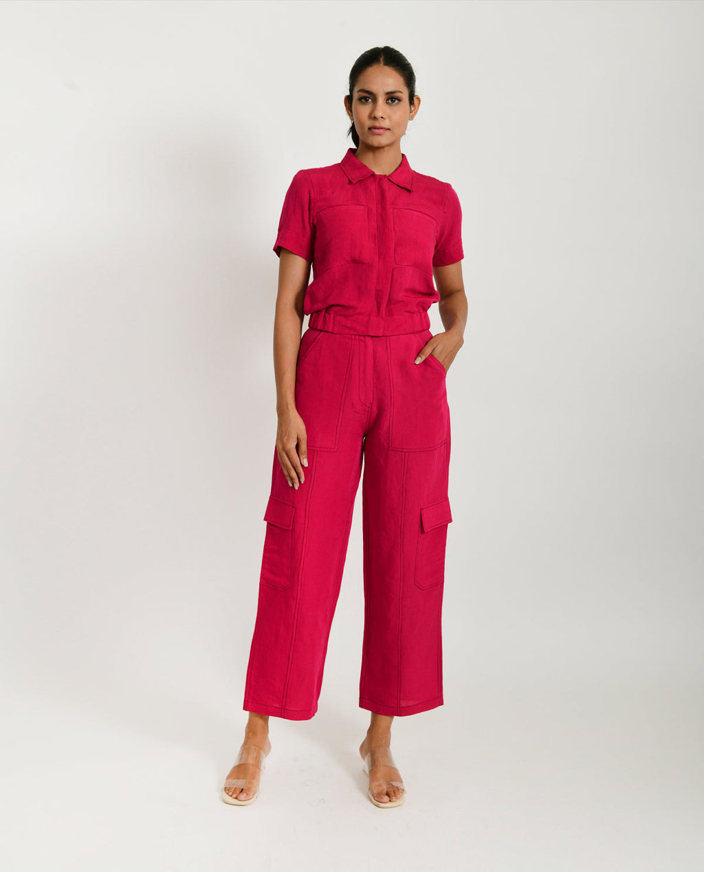 Pink Linen-Co-ord by Rias Jaipur with Co-ord Sets, Linen Blend, Natural, Office Wear, Office Wear Co-ords, Pink, Regular Fit, Solids, Womenswear, Yaadein, Yaadein by Rias Jaipur at Kamakhyaa for sustainable fashion