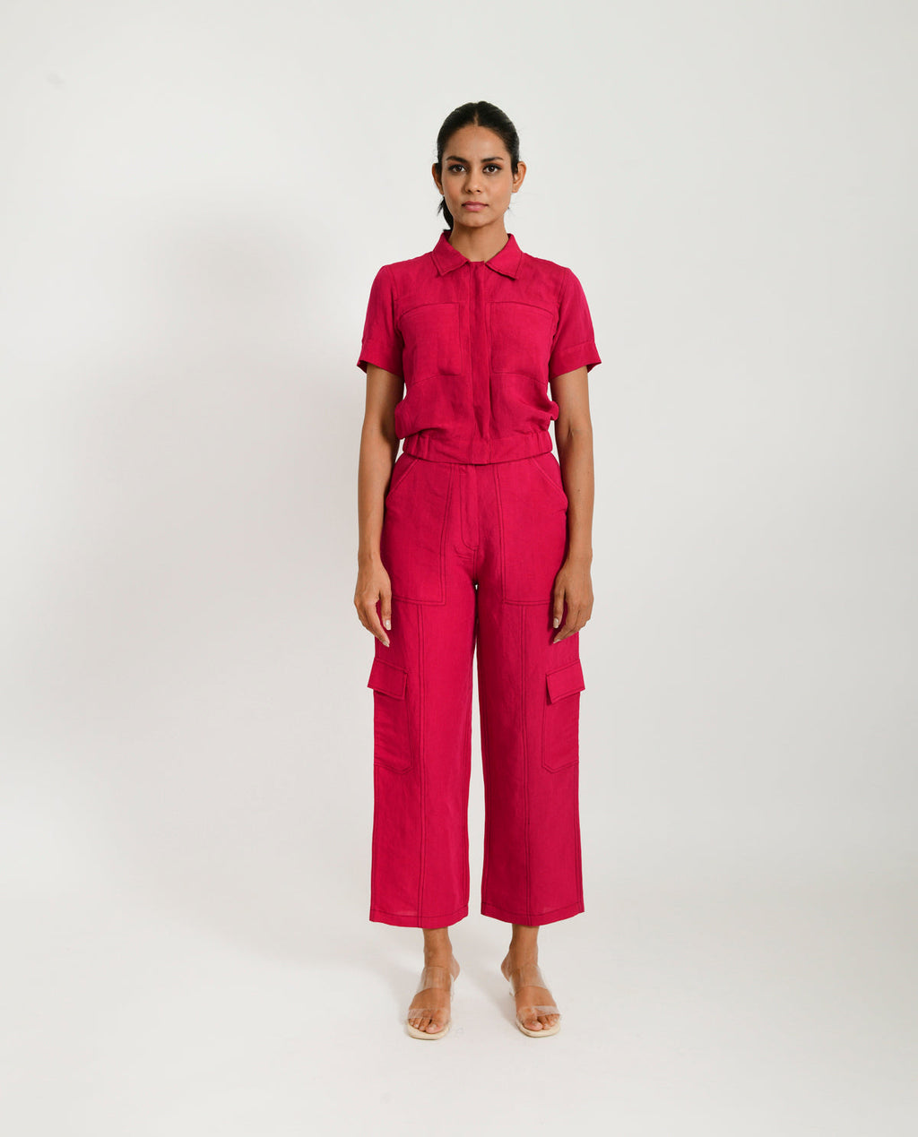 Pink Linen-Co-ord by Rias Jaipur with Co-ord Sets, Linen Blend, Natural, Office Wear, Office Wear Co-ords, Pink, Regular Fit, Solids, Womenswear, Yaadein, Yaadein by Rias Jaipur at Kamakhyaa for sustainable fashion
