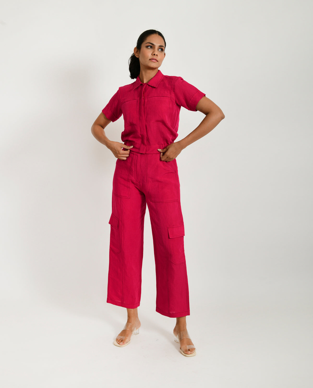 Pink Linen-Co-ord by Rias Jaipur with Co-ord Sets, Linen Blend, Natural, Office Wear, Office Wear Co-ords, Pink, Regular Fit, Solids, Womenswear, Yaadein, Yaadein by Rias Jaipur at Kamakhyaa for sustainable fashion