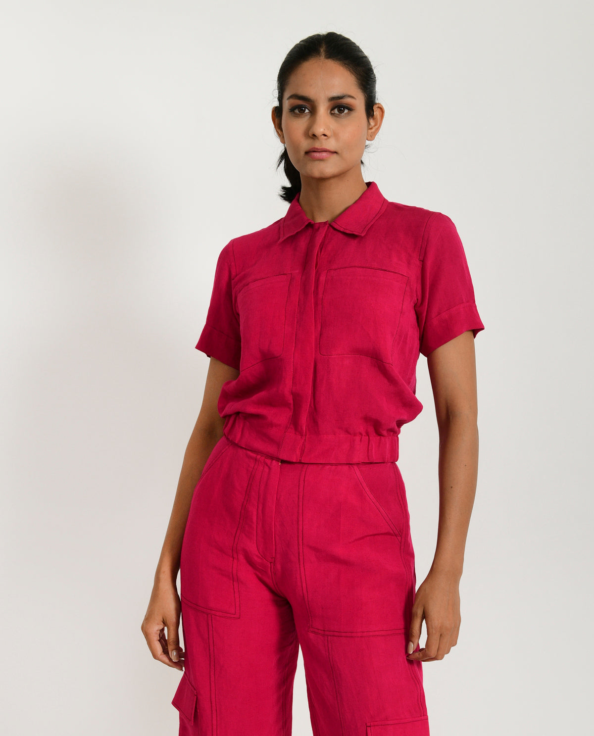 Pink Linen Crop Top by Rias Jaipur with Casual Wear, Crop Tops, Linen Blend, Natural, Pink, Regular Fit, Solids, Womenswear, Yaadein, Yaadein by Rias Jaipur at Kamakhyaa for sustainable fashion