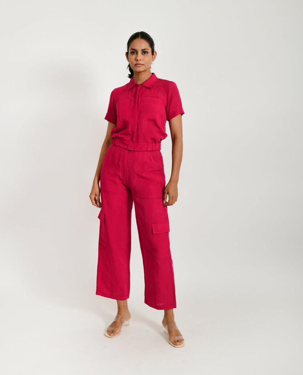 Pink Linen-Co-ord by Rias Jaipur with Co-ord Sets, Linen Blend, Natural, Office Wear, Office Wear Co-ords, Pink, Regular Fit, Solids, Womenswear, Yaadein, Yaadein by Rias Jaipur at Kamakhyaa for sustainable fashion