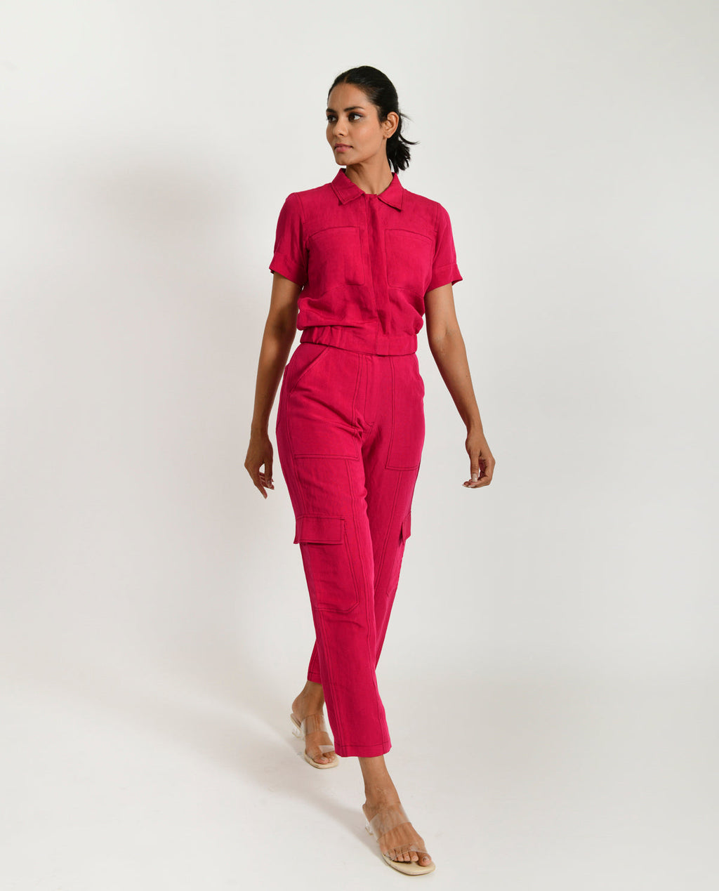 Pink Linen-Co-ord by Rias Jaipur with Co-ord Sets, Linen Blend, Natural, Office Wear, Office Wear Co-ords, Pink, Regular Fit, Solids, Womenswear, Yaadein, Yaadein by Rias Jaipur at Kamakhyaa for sustainable fashion
