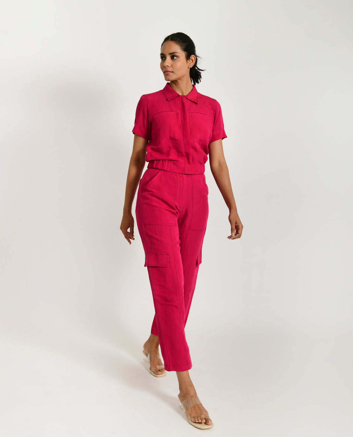 Pink Linen-Co-ord by Rias Jaipur with Co-ord Sets, Linen Blend, Natural, Office Wear, Office Wear Co-ords, Pink, Regular Fit, Solids, Womenswear, Yaadein, Yaadein by Rias Jaipur at Kamakhyaa for sustainable fashion