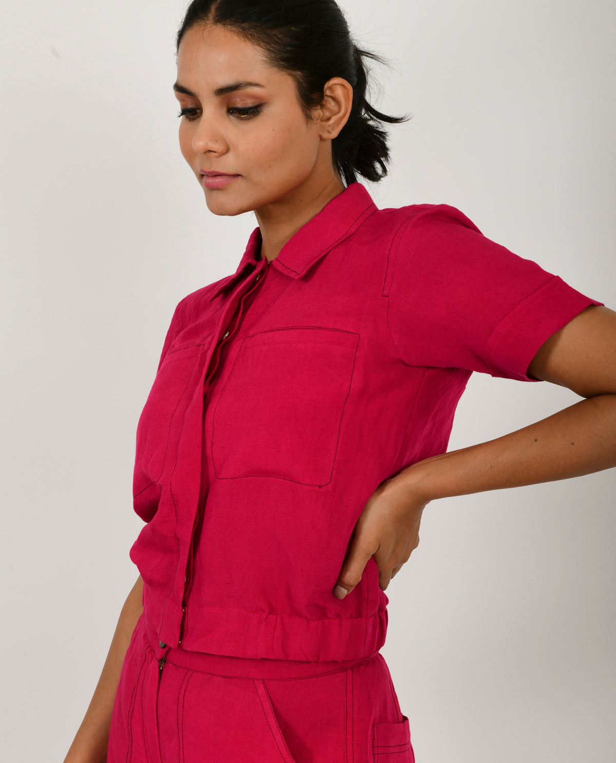 Pink Linen Crop Top by Rias Jaipur with Casual Wear, Crop Tops, Linen Blend, Natural, Pink, Regular Fit, Solids, Womenswear, Yaadein, Yaadein by Rias Jaipur at Kamakhyaa for sustainable fashion
