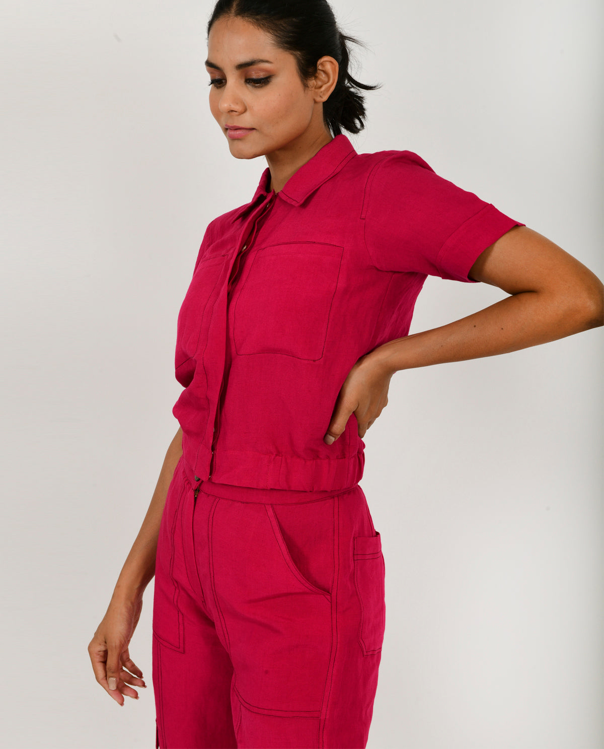 Pink Linen-Co-ord by Rias Jaipur with Co-ord Sets, Linen Blend, Natural, Office Wear, Office Wear Co-ords, Pink, Regular Fit, Solids, Womenswear, Yaadein, Yaadein by Rias Jaipur at Kamakhyaa for sustainable fashion