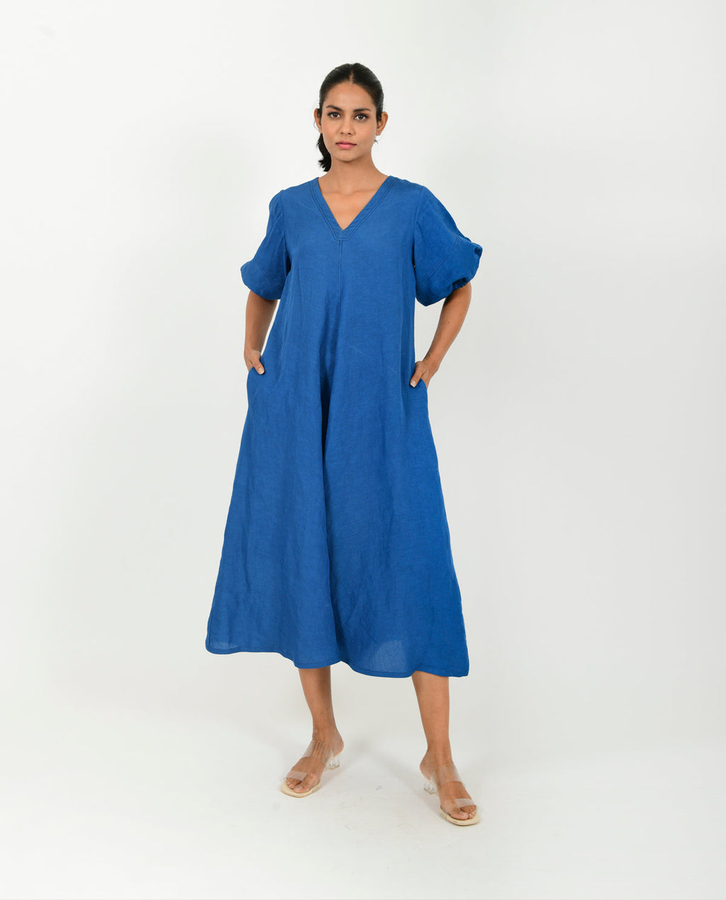 Blue Cotton Dress With Puffed Sleeves by Rias Jaipur with Blue, Casual Wear, Linen Blend, Midi Dress, Natural, Relaxed Fit, Solids, Womenswear, Yaadein, Yaadein by Rias Jaipur at Kamakhyaa for sustainable fashion