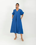 Blue Cotton Dress With Puffed Sleeves by Rias Jaipur with Blue, Casual Wear, Linen Blend, Midi Dress, Natural, Relaxed Fit, Solids, Womenswear, Yaadein, Yaadein by Rias Jaipur at Kamakhyaa for sustainable fashion