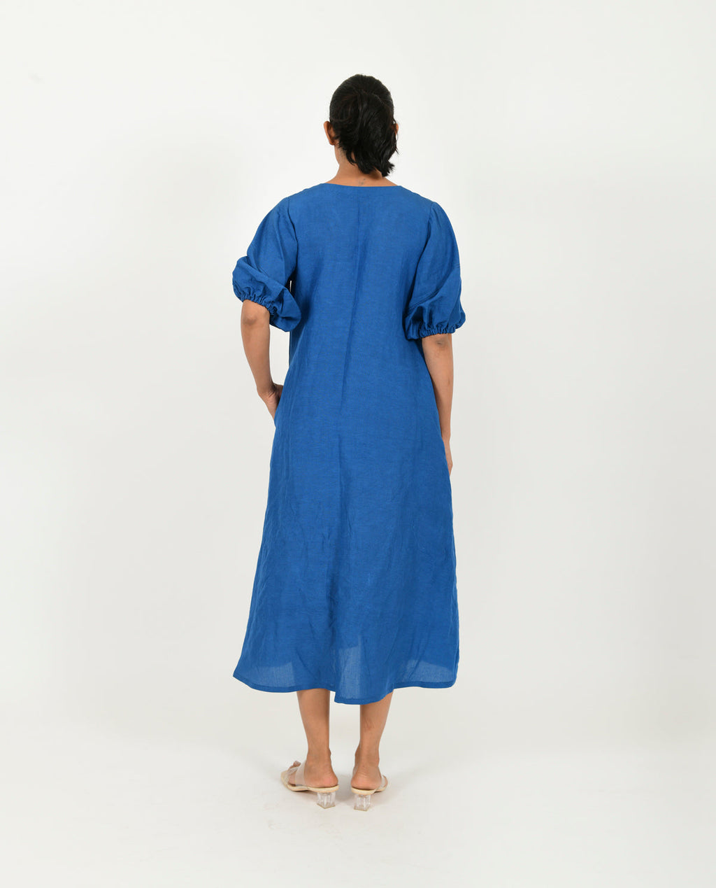 Blue Cotton Dress With Puffed Sleeves by Rias Jaipur with Blue, Casual Wear, Linen Blend, Midi Dress, Natural, Relaxed Fit, Solids, Womenswear, Yaadein, Yaadein by Rias Jaipur at Kamakhyaa for sustainable fashion