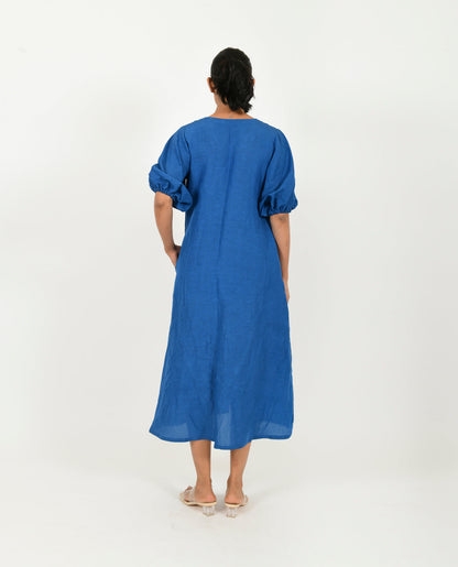 Blue Cotton Dress With Puffed Sleeves by Rias Jaipur with Blue, Casual Wear, Linen Blend, Midi Dress, Natural, Relaxed Fit, Solids, Womenswear, Yaadein, Yaadein by Rias Jaipur at Kamakhyaa for sustainable fashion
