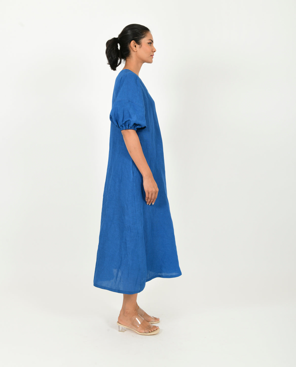 Blue Cotton Dress With Puffed Sleeves by Rias Jaipur with Blue, Casual Wear, Linen Blend, Midi Dress, Natural, Relaxed Fit, Solids, Womenswear, Yaadein, Yaadein by Rias Jaipur at Kamakhyaa for sustainable fashion