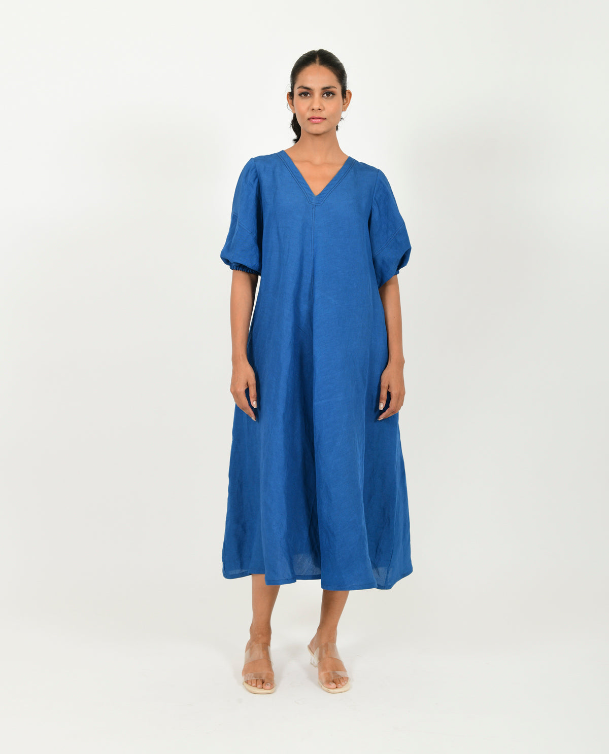 Blue Cotton Dress With Puffed Sleeves by Rias Jaipur with Blue, Casual Wear, Linen Blend, Midi Dress, Natural, Relaxed Fit, Solids, Womenswear, Yaadein, Yaadein by Rias Jaipur at Kamakhyaa for sustainable fashion