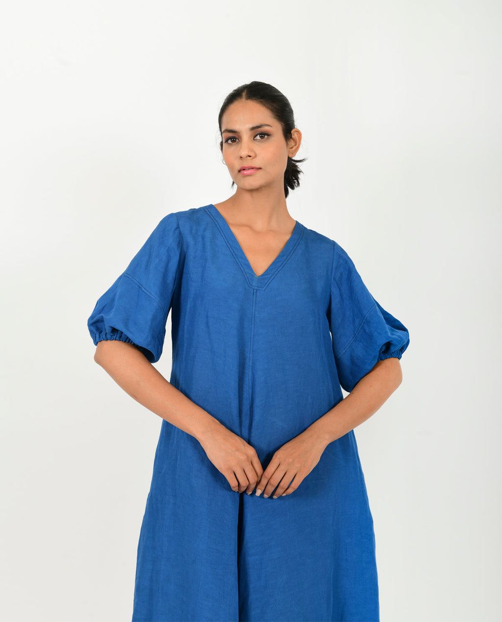 Blue Cotton Dress With Puffed Sleeves by Rias Jaipur with Blue, Casual Wear, Linen Blend, Midi Dress, Natural, Relaxed Fit, Solids, Womenswear, Yaadein, Yaadein by Rias Jaipur at Kamakhyaa for sustainable fashion