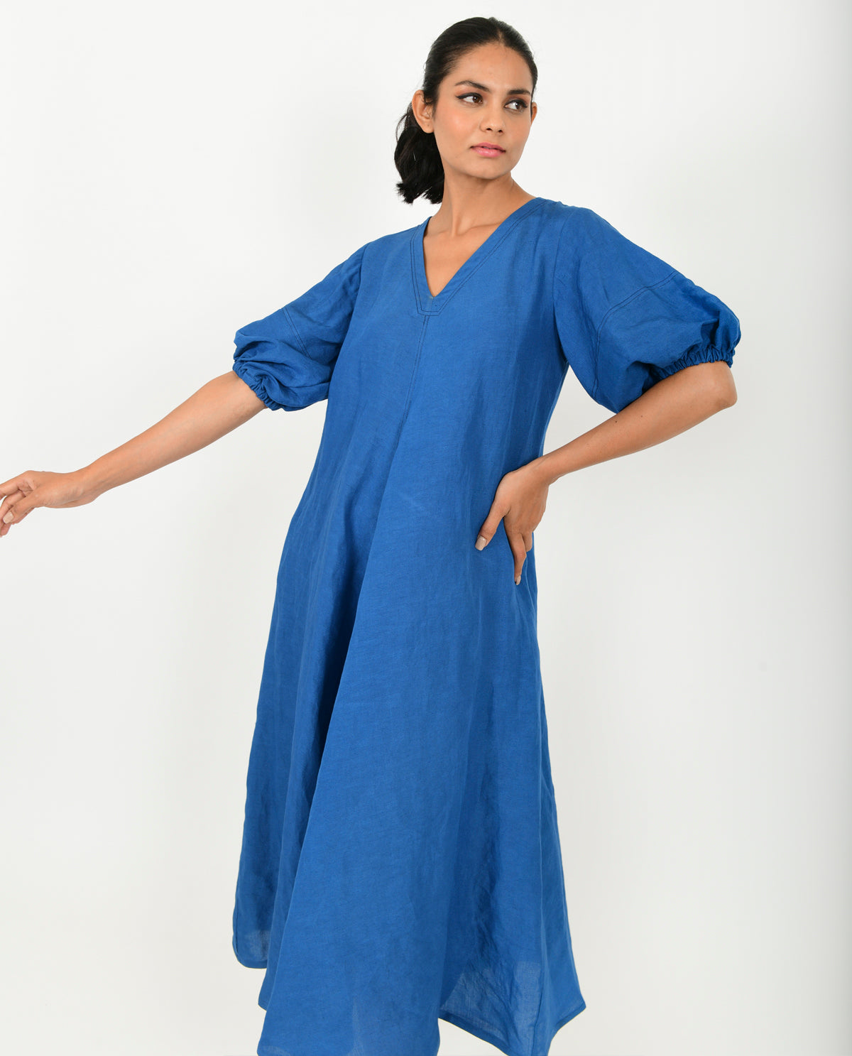 Blue Cotton Dress With Puffed Sleeves by Rias Jaipur with Blue, Casual Wear, Linen Blend, Midi Dress, Natural, Relaxed Fit, Solids, Womenswear, Yaadein, Yaadein by Rias Jaipur at Kamakhyaa for sustainable fashion
