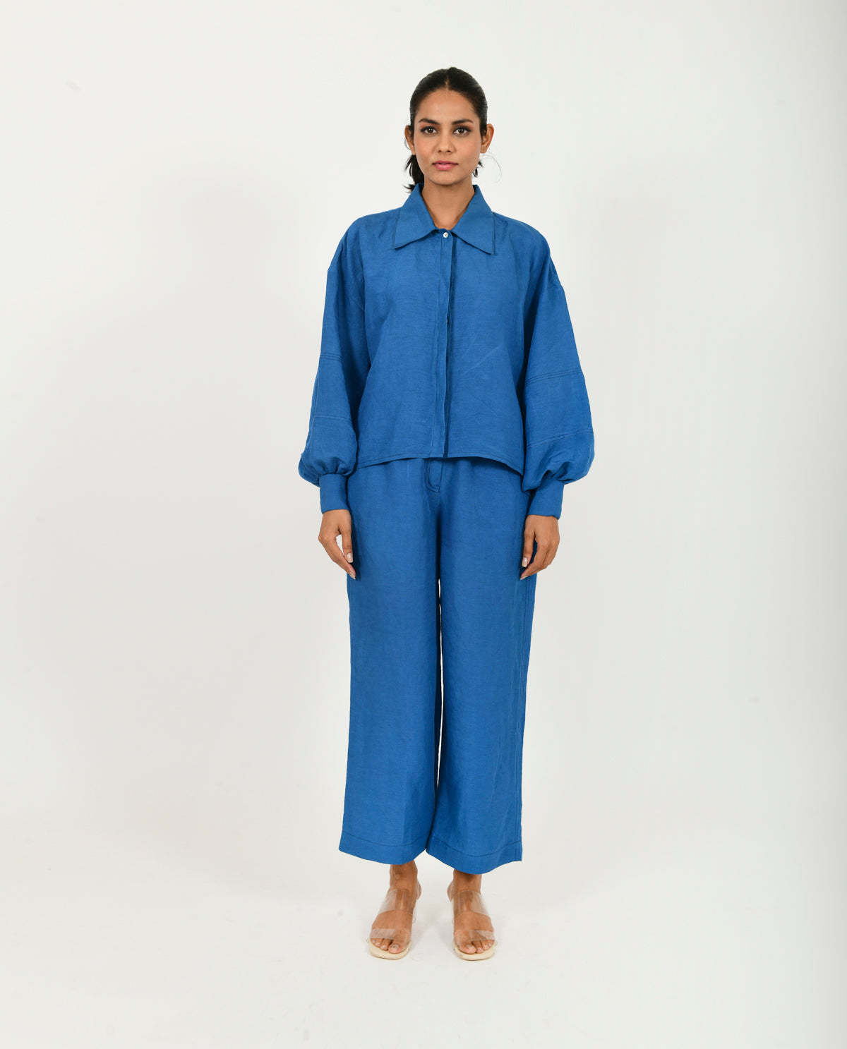Blue Linen Bell Shirt by Rias Jaipur with Blue, Casual Wear, Linen Blend, Natural, Relaxed Fit, Shirts, Solids, Womenswear, Yaadein, Yaadein by Rias Jaipur at Kamakhyaa for sustainable fashion