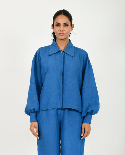 Blue Linen Bell Shirt by Rias Jaipur with Blue, Casual Wear, Linen Blend, Natural, Relaxed Fit, Shirts, Solids, Womenswear, Yaadein, Yaadein by Rias Jaipur at Kamakhyaa for sustainable fashion