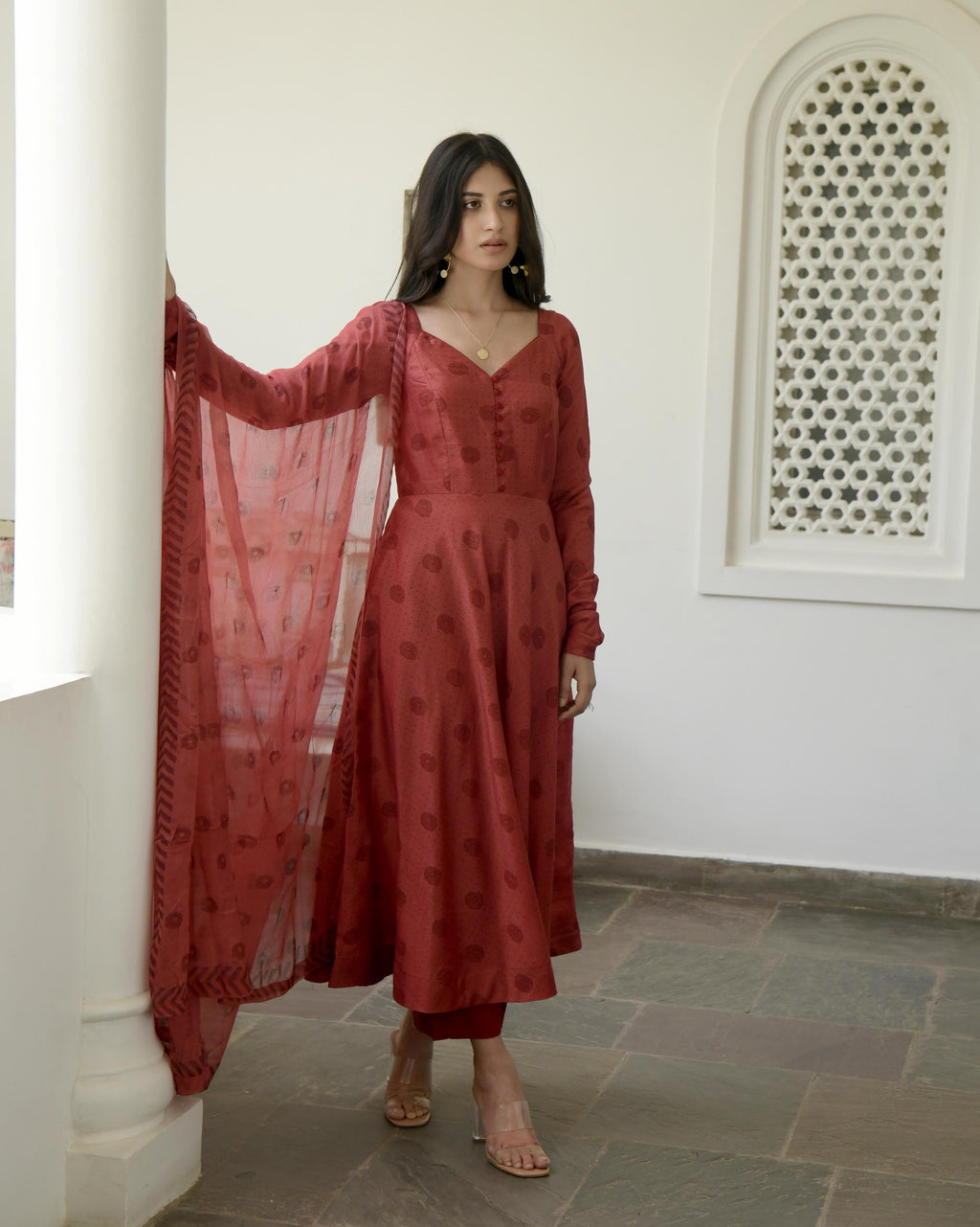 Red Chanderi Silk Kurta Set With Dupatta by Taro with Best Selling, Chiffon, Evening Wear, Gulzar by Taro, Indian Wear, July Sale, July Sale 2023, Kurta Pant Sets, Kurta Set With Dupatta, Natural, Prints, Red, Regular Fit, Womenswear at Kamakhyaa for sustainable fashion