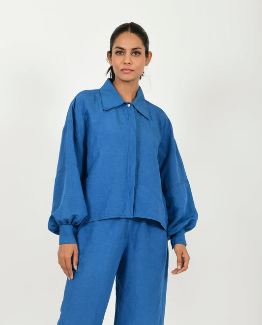 Blue Linen Bell Shirt by Rias Jaipur with Blue, Casual Wear, Linen Blend, Natural, Relaxed Fit, Shirts, Solids, Womenswear, Yaadein, Yaadein by Rias Jaipur at Kamakhyaa for sustainable fashion